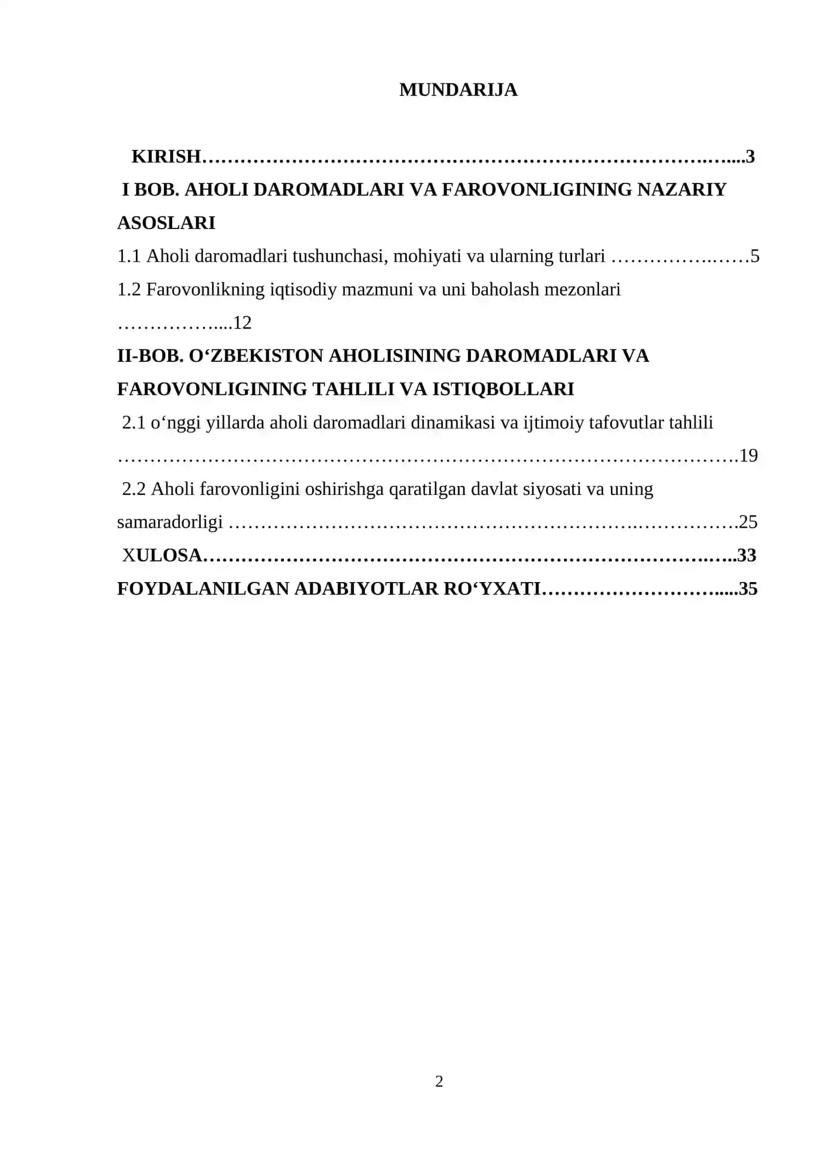 O`ZBEKISTON AHOLISINING DAROMADLARI VA FAROVONLIGINI OSHIRISH YO`LLARI 2