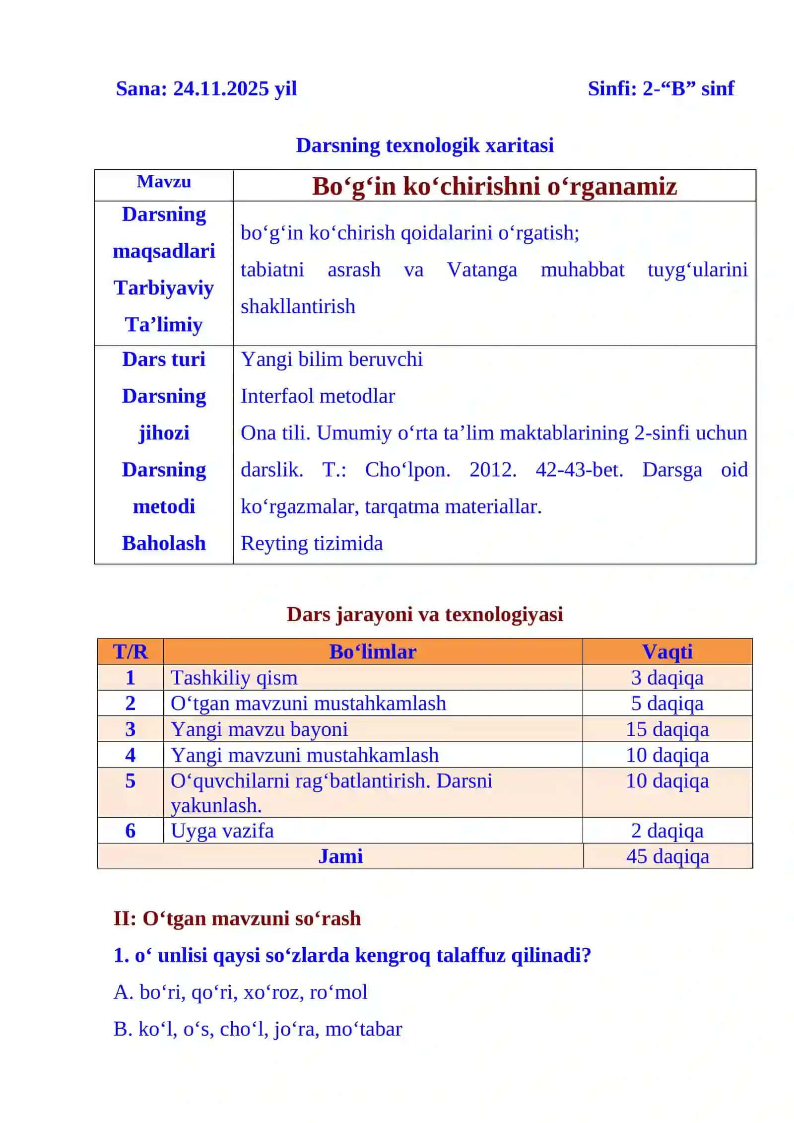 2-sinf ona tili Bo‘g‘in ko‘chirishni o‘rganamiz dars ishlanma 2