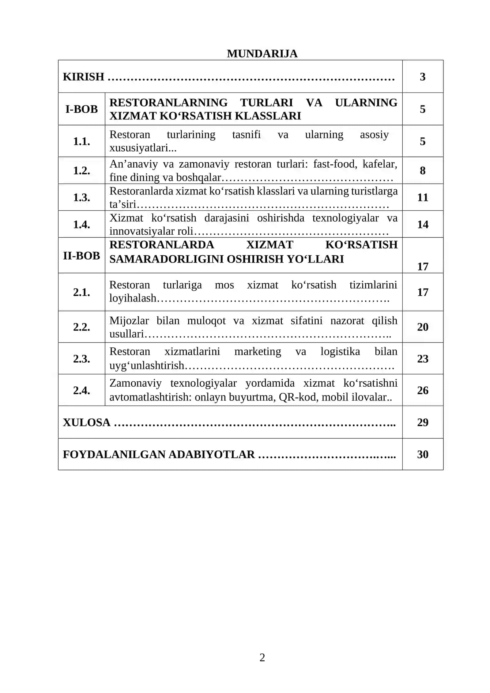RESTORANLARNING TURLARI VA XIZMAT KÓRSATISHKLASSLARI 2