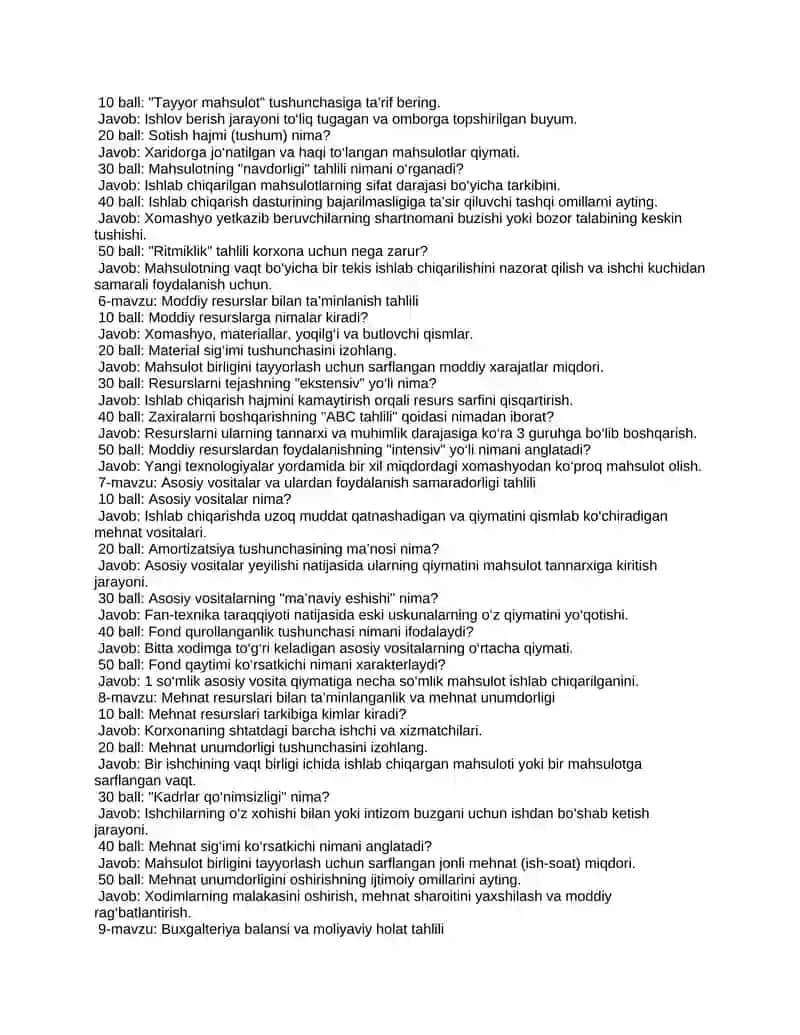 Iqtisodiy tahlil fanidan mavzuli va balli savollar (qo'shimcha) 2