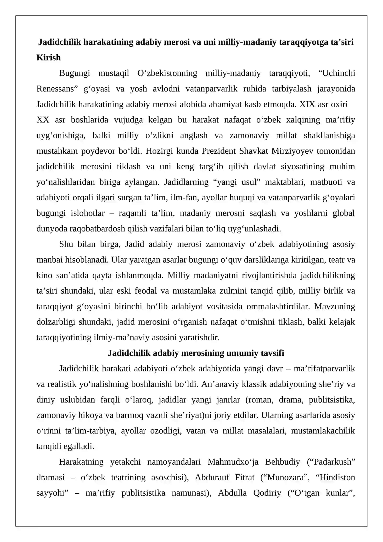 Jadidchilik harakatining adabiy merosi va uni milliy-madaniy taraqqiyotga ta’siri 2