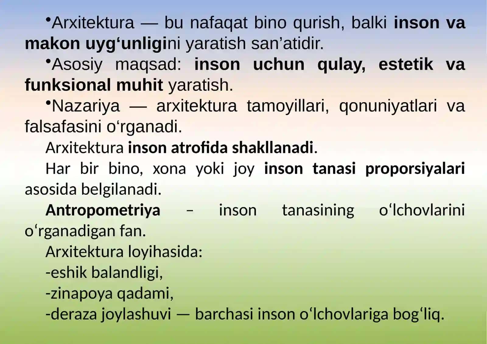 ARXITEKTURA ASOSLARI-INSON O‘LCHOVLARI, VITRUVIY TAMOYILLARI 2
