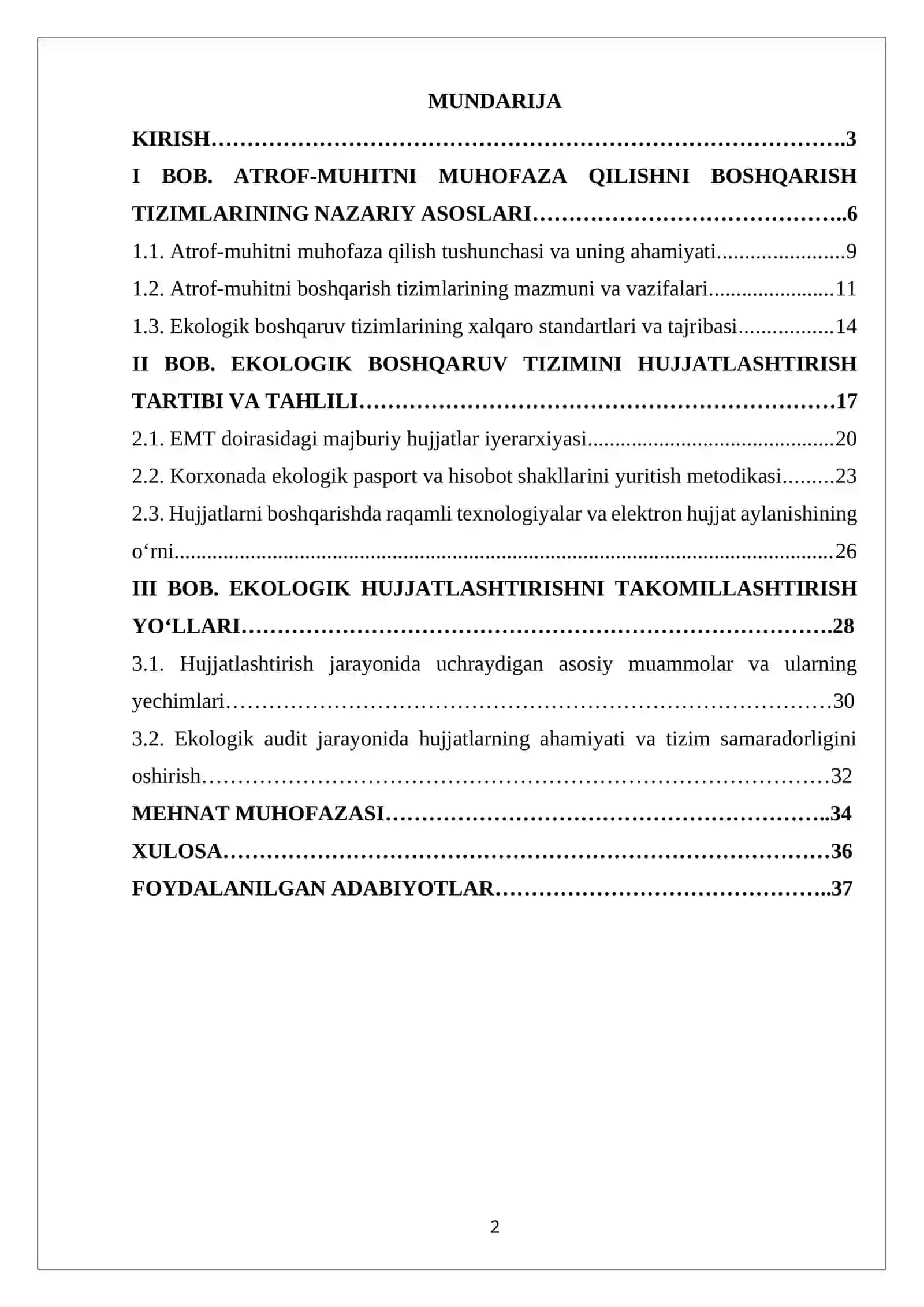 «Atrof-muhitni muhofaza qilishni boshqarish tizimlarini hujjatlashtirish masalalari» KURS ISHI 2
