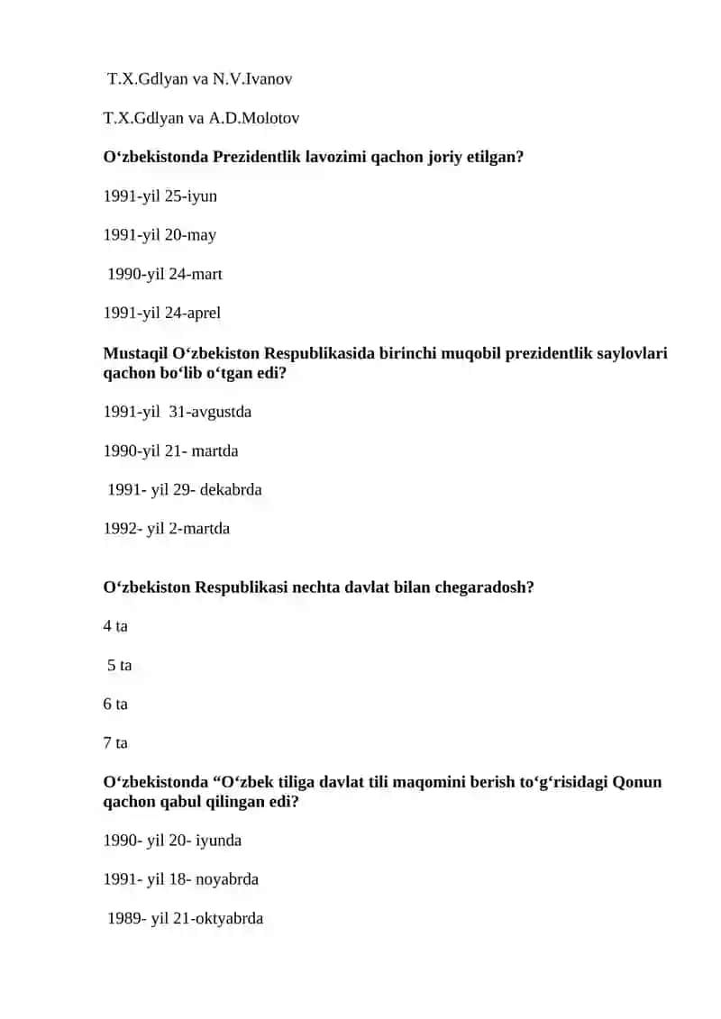 Eng yangi tarixi fanidan yakuniy nazorat test savollari 2