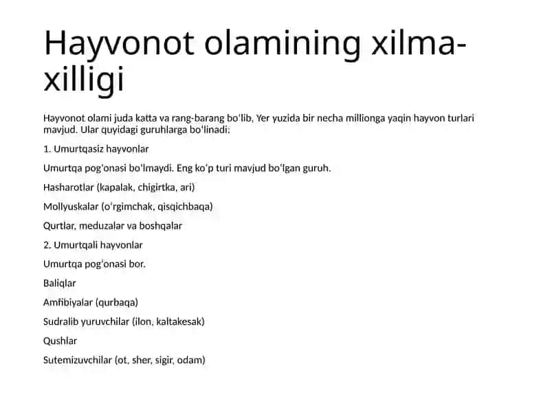 Hayvonot olamining xilma xilligi va tabiatda tutgan o’rni 2