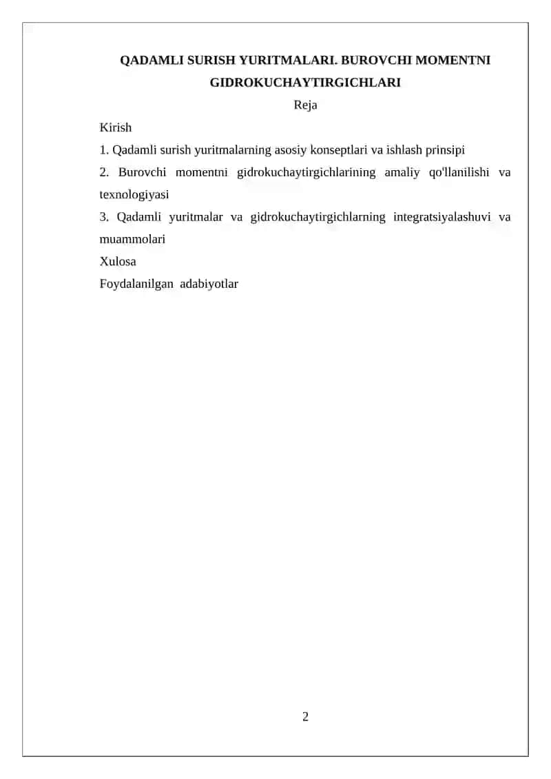 QADAMLI SURISH YURITMALARI. BUROVCHI MOMENTNI GIDROKUCHAYTIRGICHLARI 2