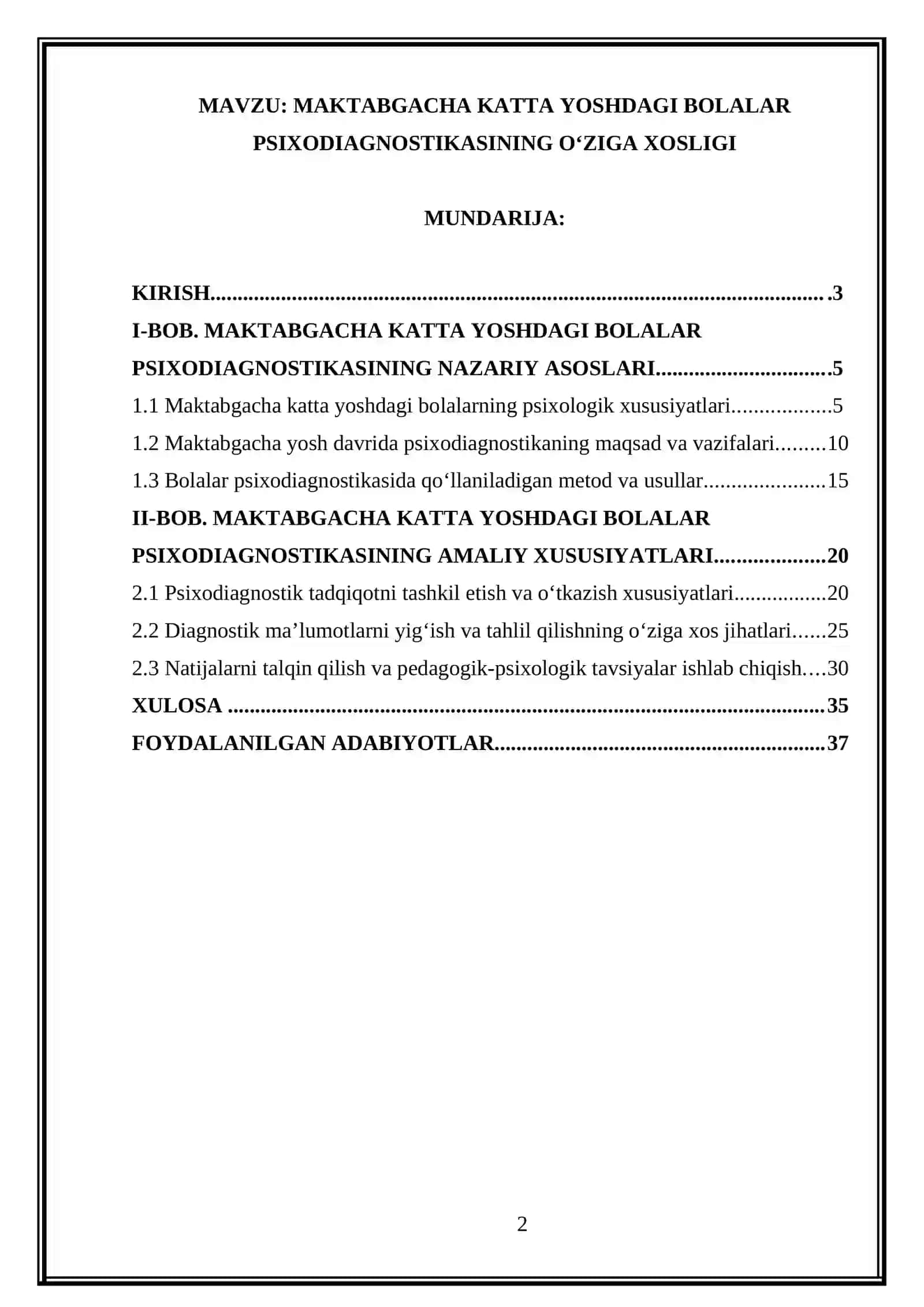 MAKTABGACHA KATTA YOSHDAGI BOLALAR PSIXODIAGNOSTIKASINING O‘ZIGA XOSLIGI 2