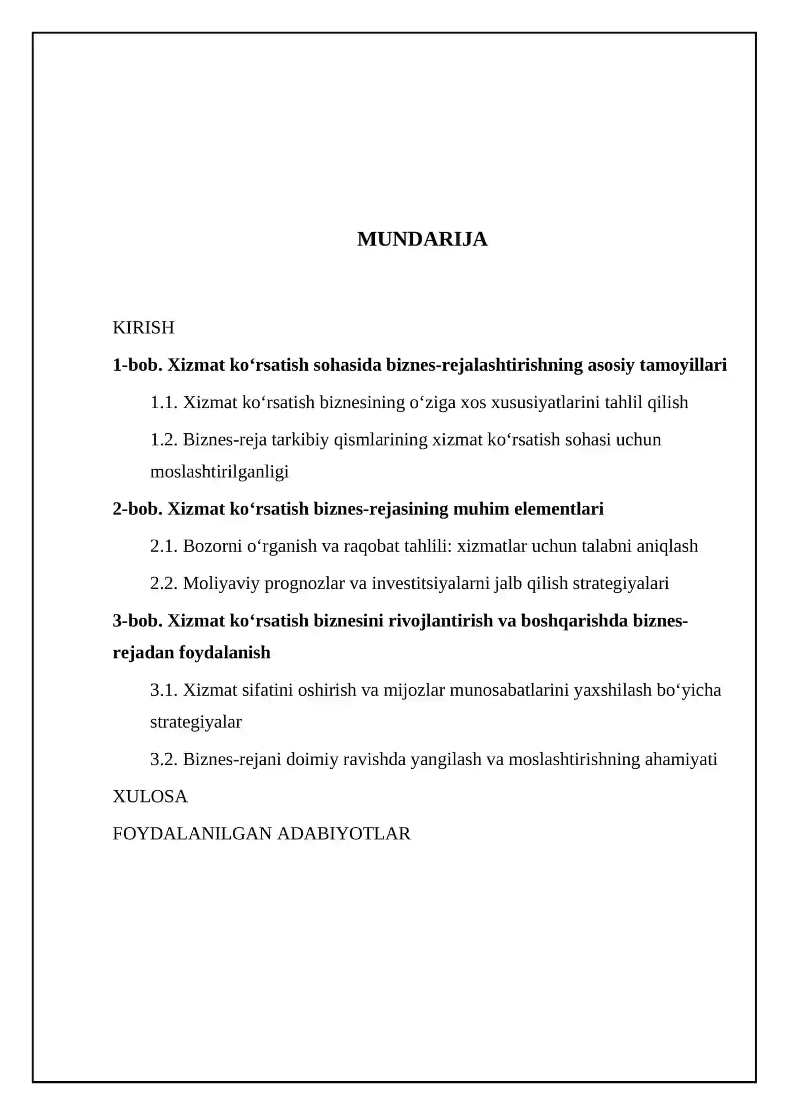 Xizmat ko‘rsatish sohasida biznes-reja tuzishning o‘ziga xos jihatlari 2