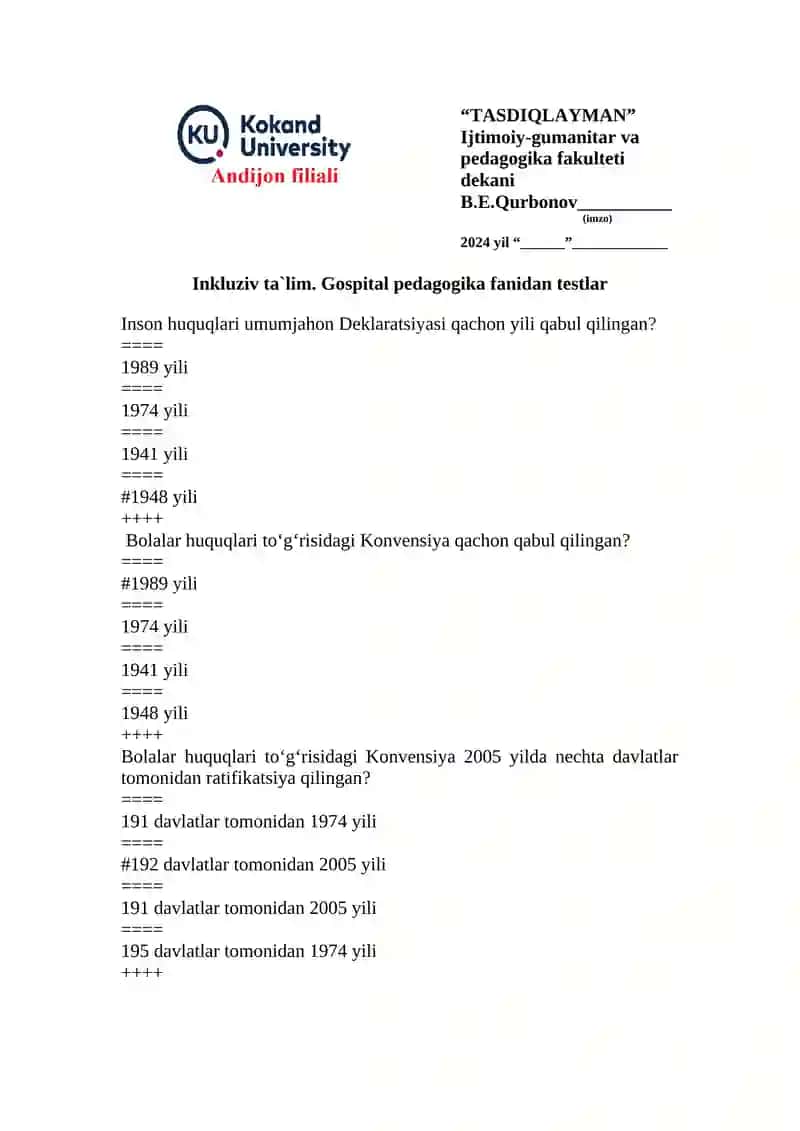 Inkluziv ta`lim. Gospital pedagogika fanidan testlar 2