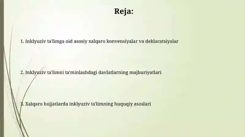 Inkulyuziv talim huquqiy asoslari xalqaro hujjatlarda taqdim qilish 2