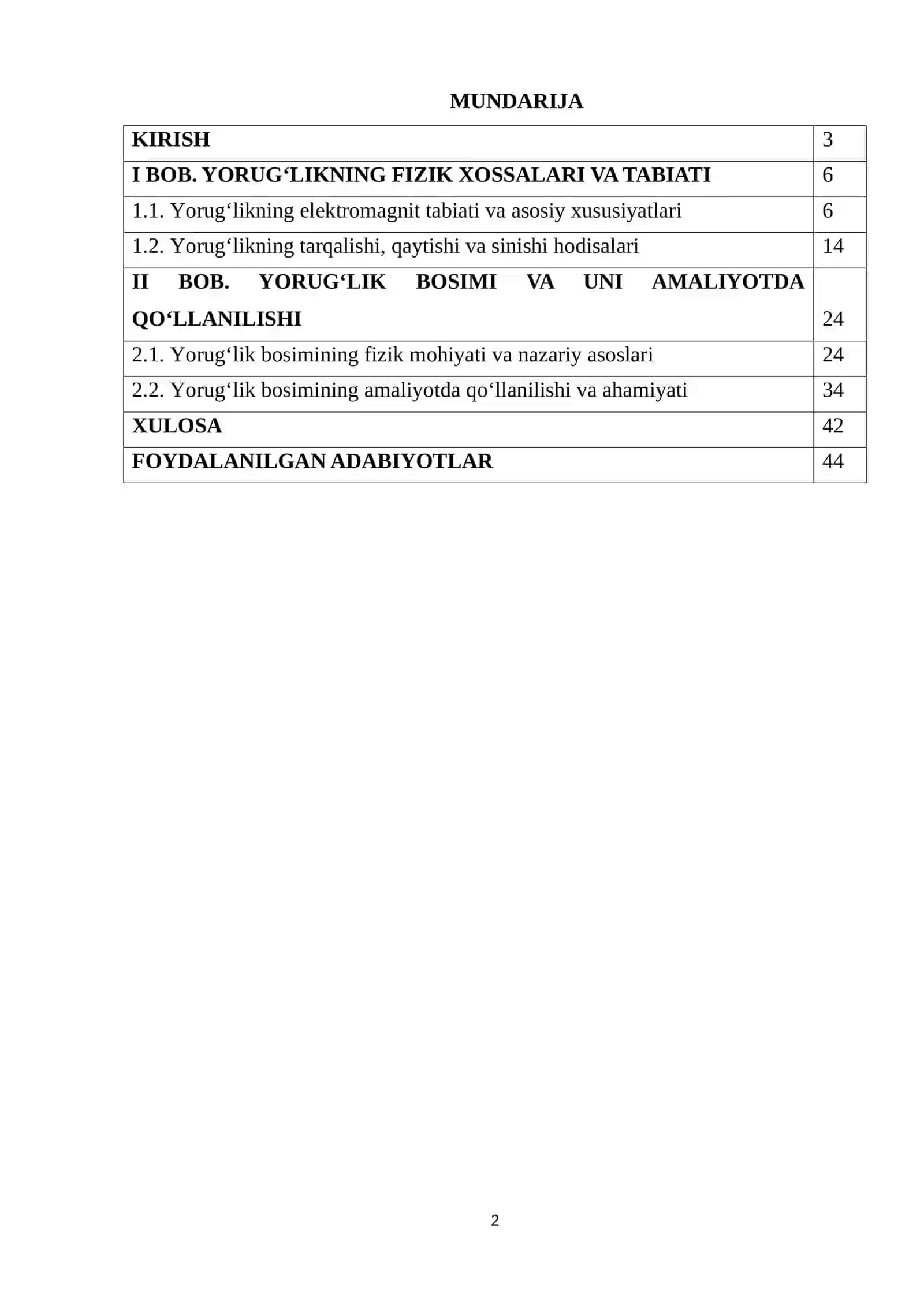“YORUG'LIK BOSIMI VA UNI AMALIYOTDA QO'LLANILISHI” KURS ISHI 2