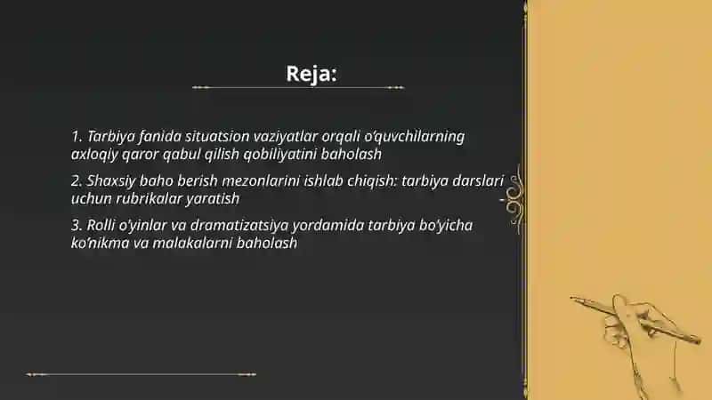 Tarbiya fanini o’qitish jarayonida o’quvchilarning bilim, ko’nikma va malakalarni baholashga oid vaziyatlar yaratish va vaziyatlarga shaxsiy baho berish. Pedagogik texnologiyalarning rivojlanishi 2
