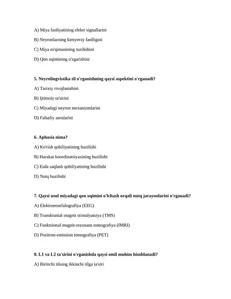 Neyrolingvistika test javoblari 2