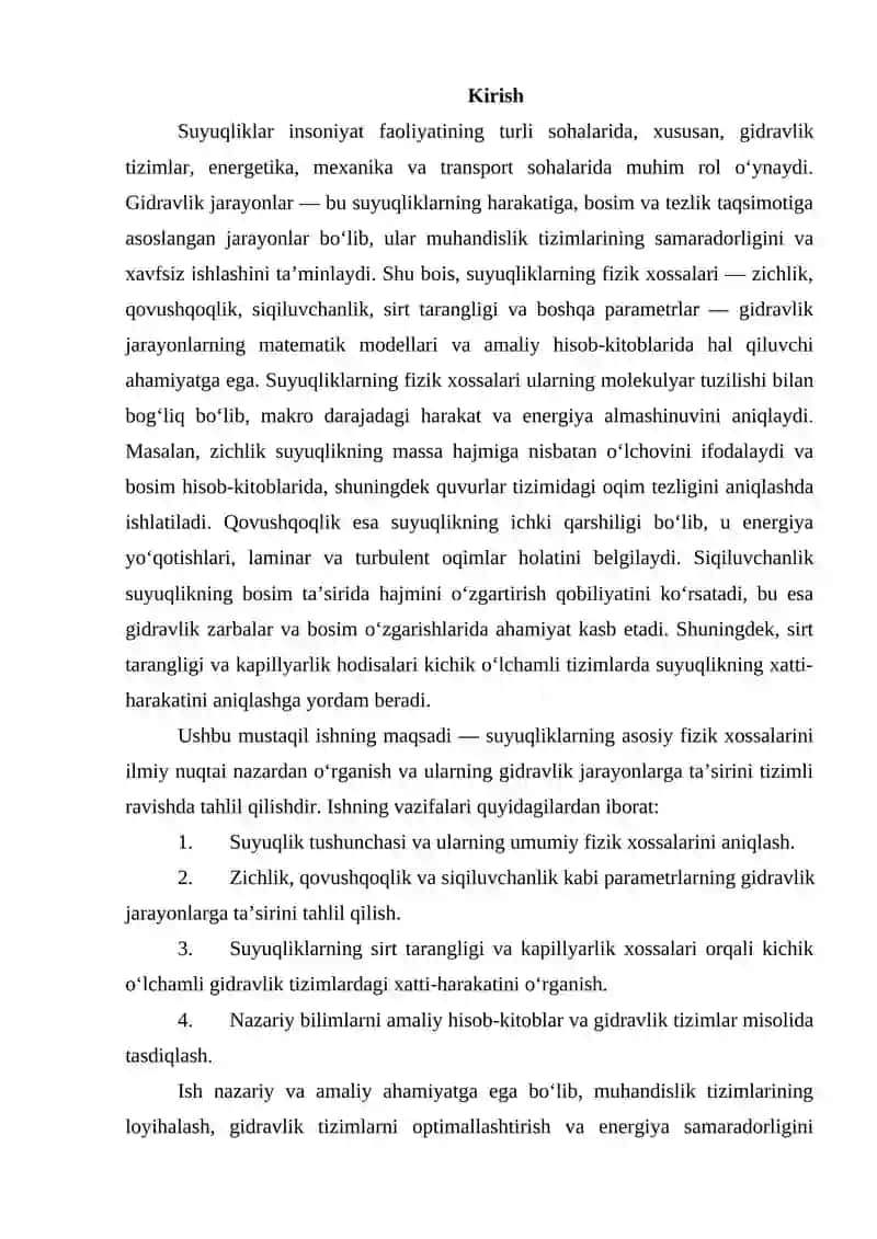 Suyuqliklarning asosiy fizik xossalari va ularning gidravlik jarayonlarga ta’siri (zichlik, qovushqoqlik, siqiluvchanlik va h.k.) 2
