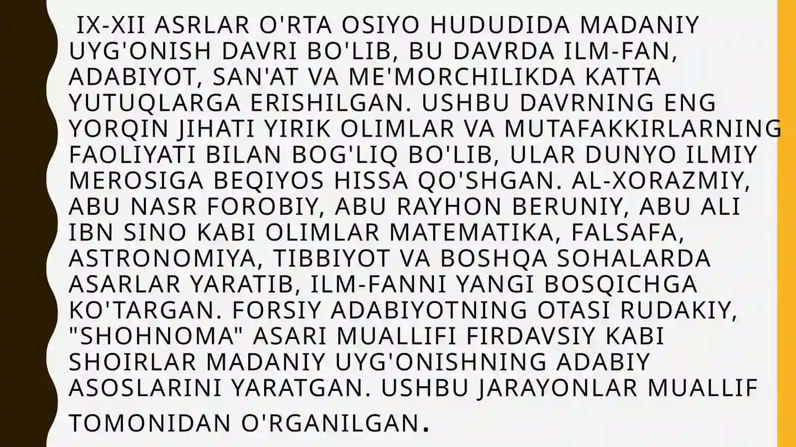 IX-XIIASIRLARDA MAMLAKATIMIZ HUDUDIDA RO’Y BERGAN MADANIY UYG’ONISH (RENESSANS).BUYUK ALLOMALARNING JAHON SIVILIZATSIYASIGA QO’SHGAN HISSASI 2