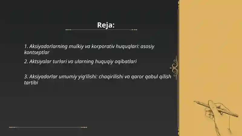 Aksiyador korparativ huquqlari mulkiy boshqaruv va nazorat bilan bogʻliq huquq 2