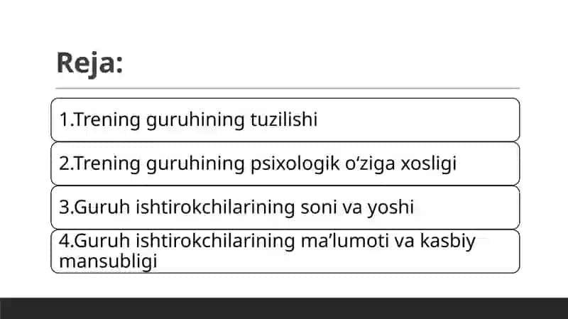 Guruhiy treninglarning tashkiliy- uslubiy jihatlari 2