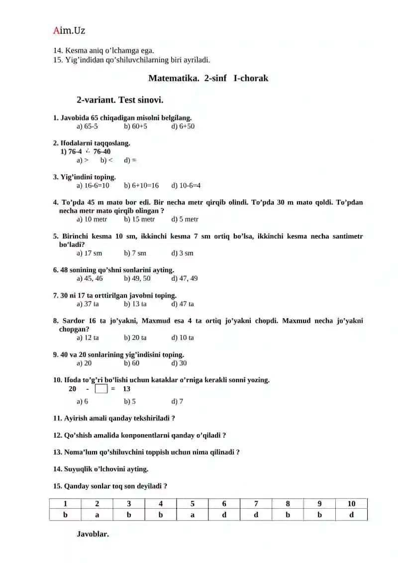 Matematika. 2-sinf I-chorak 2