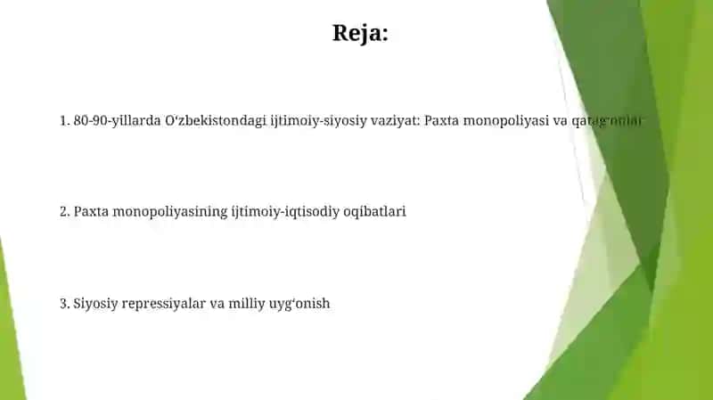 O'zbekistonda 80-90 yillaridagi ijtimoiy-siyosiy vaziyat: paxta monopoliyasi va qatag'onliklar 2