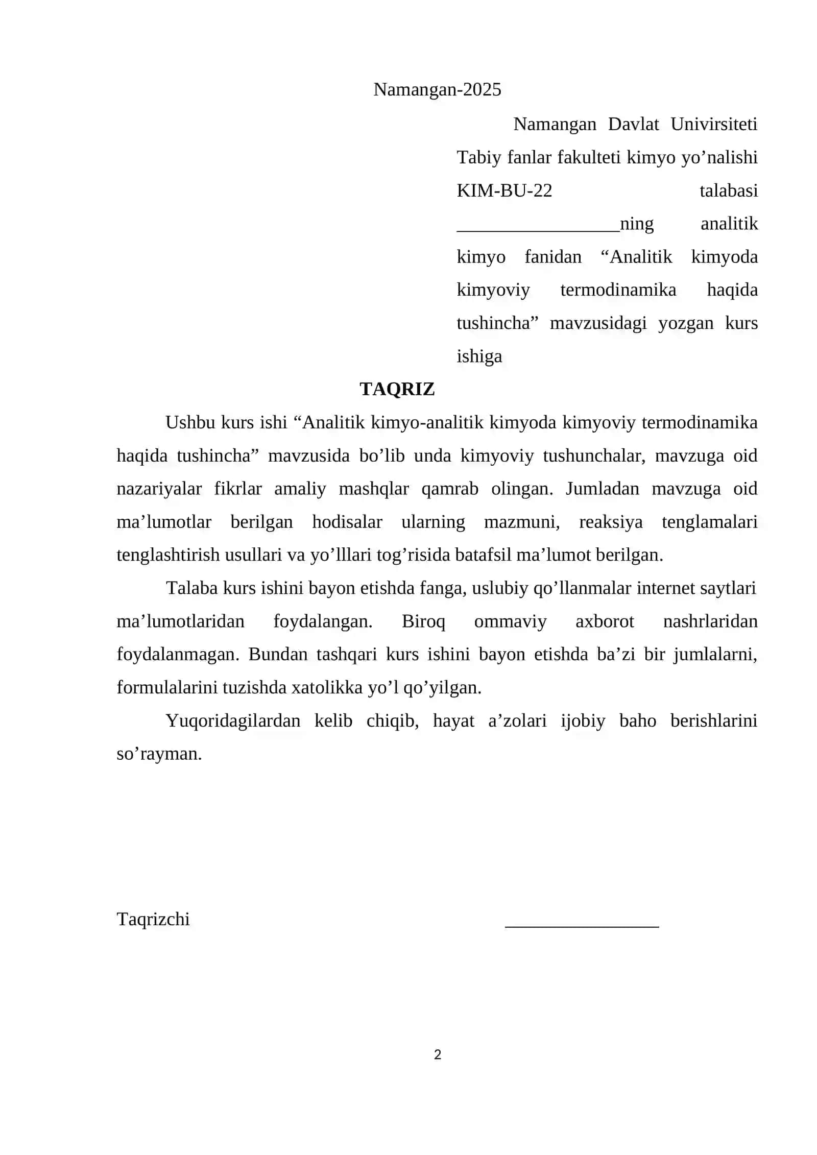 "Analitik kimyoda kimyoviy termodinamika haqida tushuncha" 2