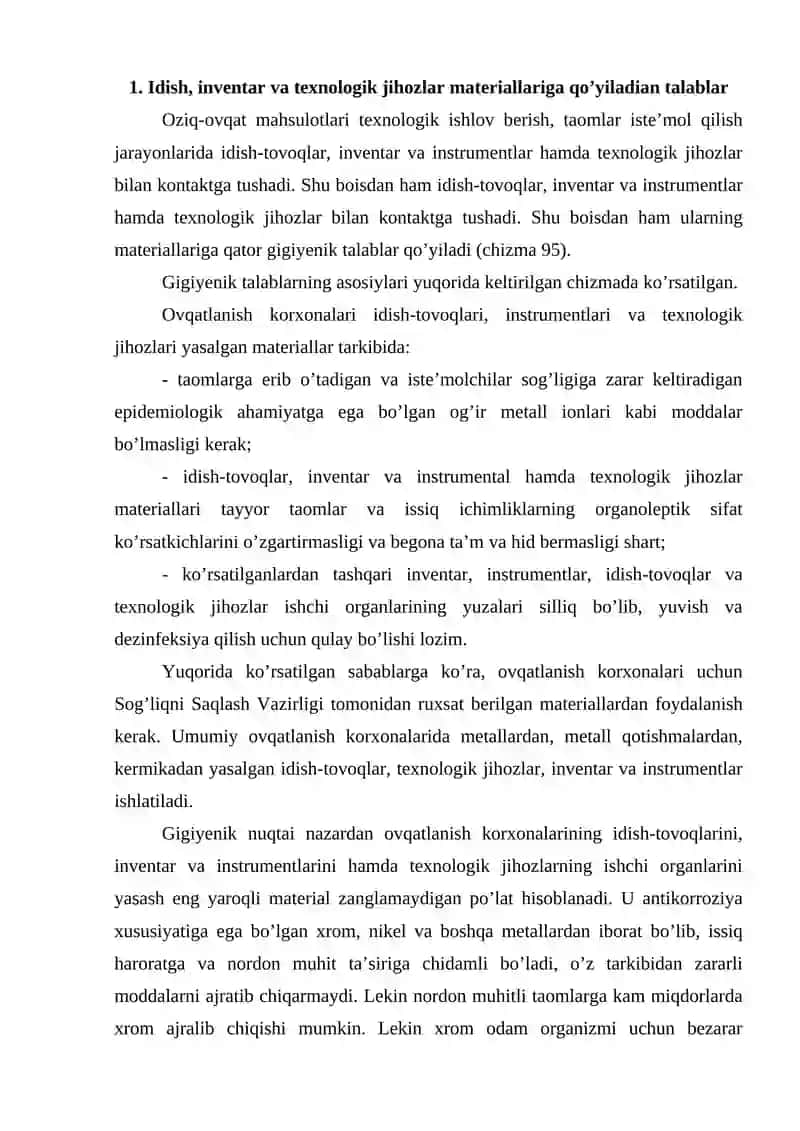 Idish, inventar va texnologik jihozlar materiallariga qo’yiladian talablar 2
