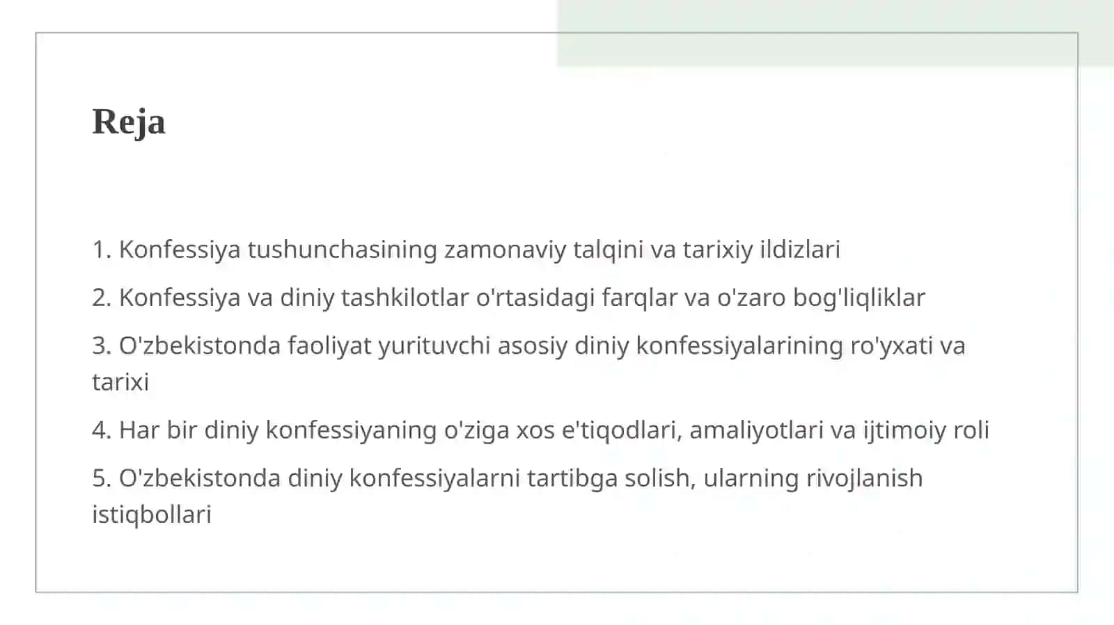 Konfessiya tushunchasining mohiyati va O'zbekistonda faoliyat yurituvchi diniy konfessiyalarning tasnifi 2