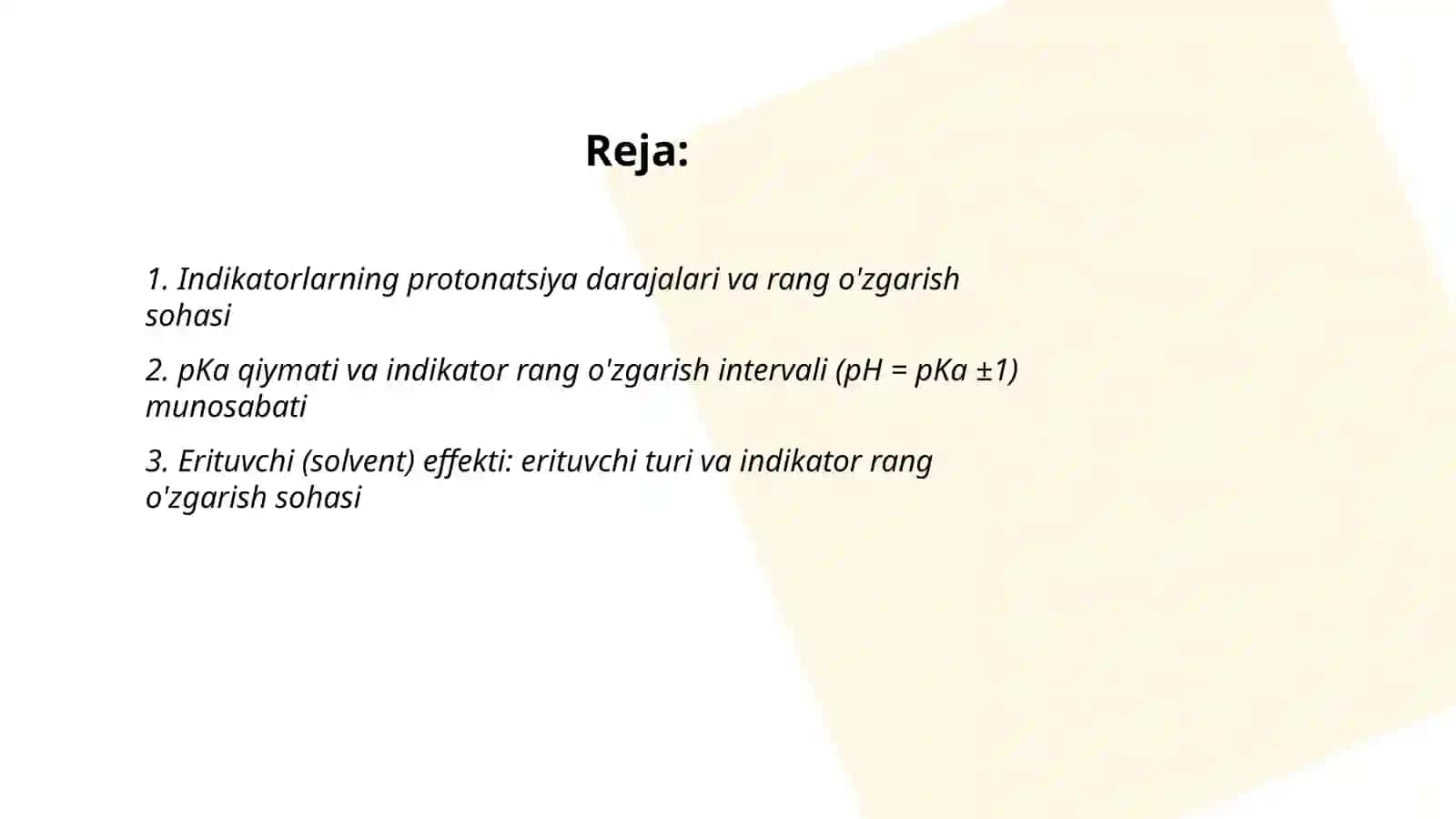 Indikatorlarning Protonatsiya Darajalari va Rang O'zgarish Sohasi 2