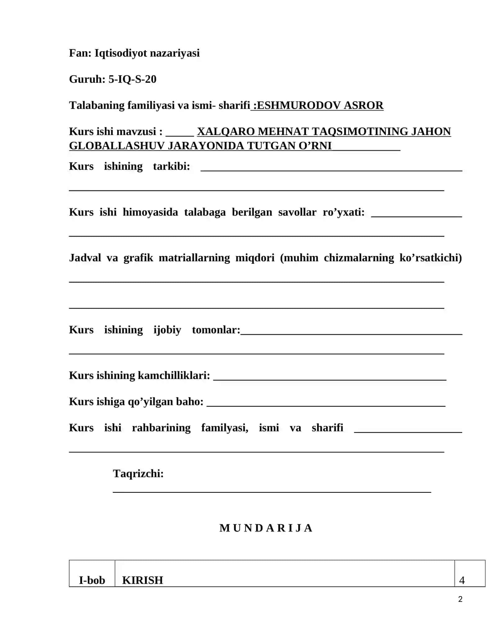 XALQARO MEHNAT TAQSIMOTINING JAHON GLOBALLASHUV JARAYONIDA TUTGAN O’RNI 2