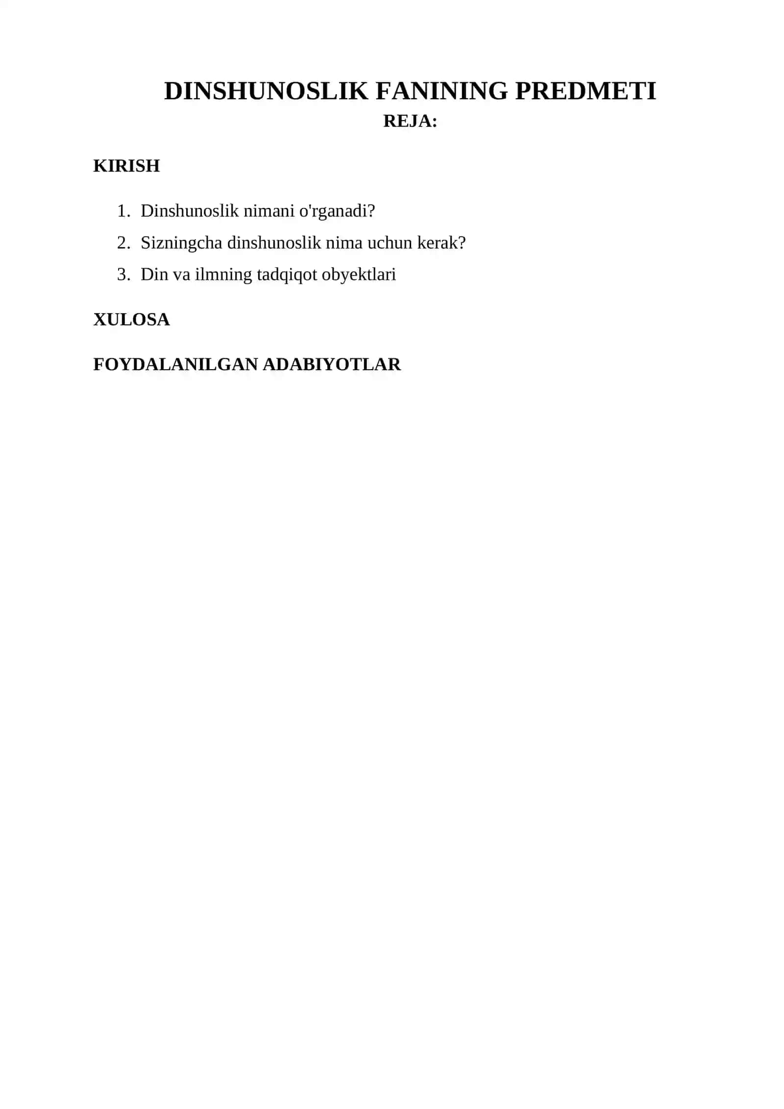 Dinshunoslik fanining predmeti 2