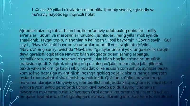 XX asr 80-yillari o‘rtalarida respublika ijtimoiy-siyosiy, iqtisodiy va ma’naviy hayotidagi inqirozli holat 2