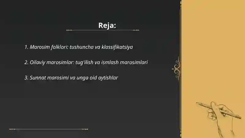 Marosim folklorlari. Oilaviy va mavsumiy marosimlar, janr xususiyatlari 2