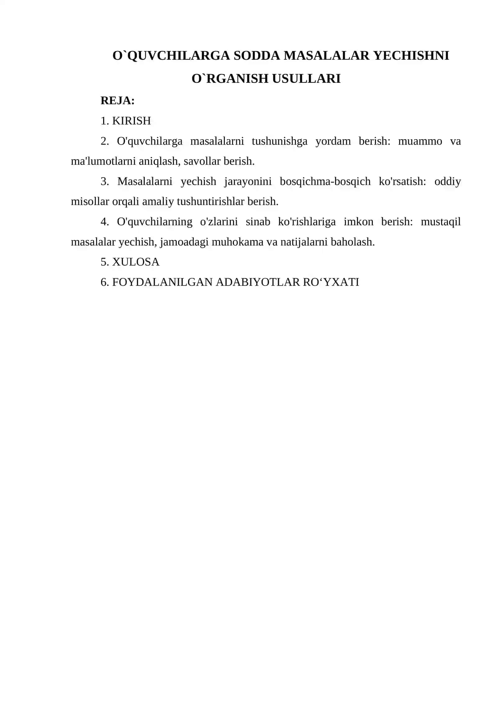 O'QUVCHILARGA SODDA MASALALAR YECHISHNI O`RGANISH USULLARI 2