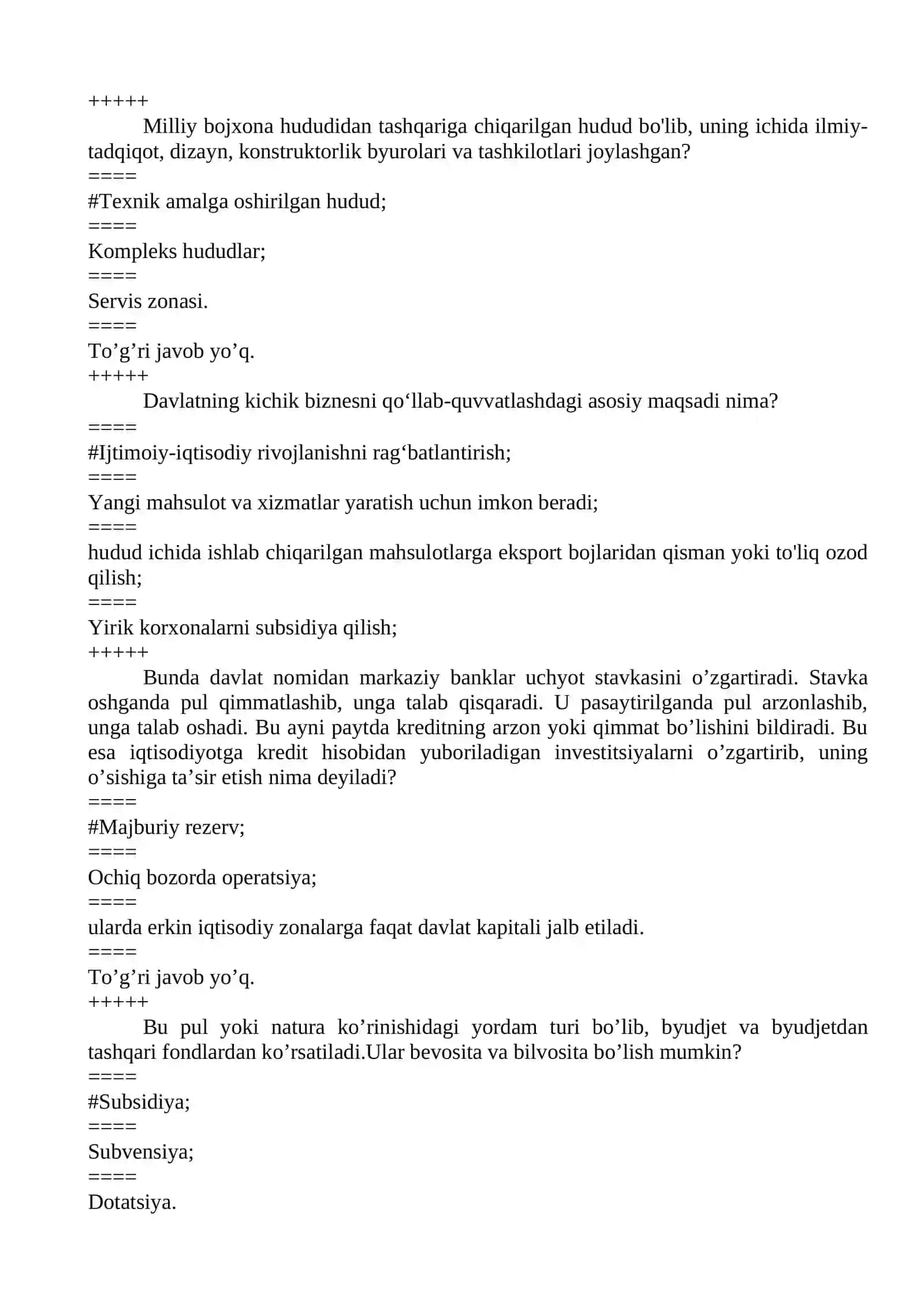 Iqtisodiy siyosat test savollari 2