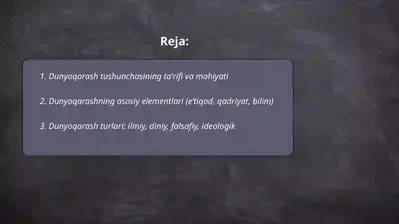 Dunyoqarash tushunchasini tavfsiflang 2