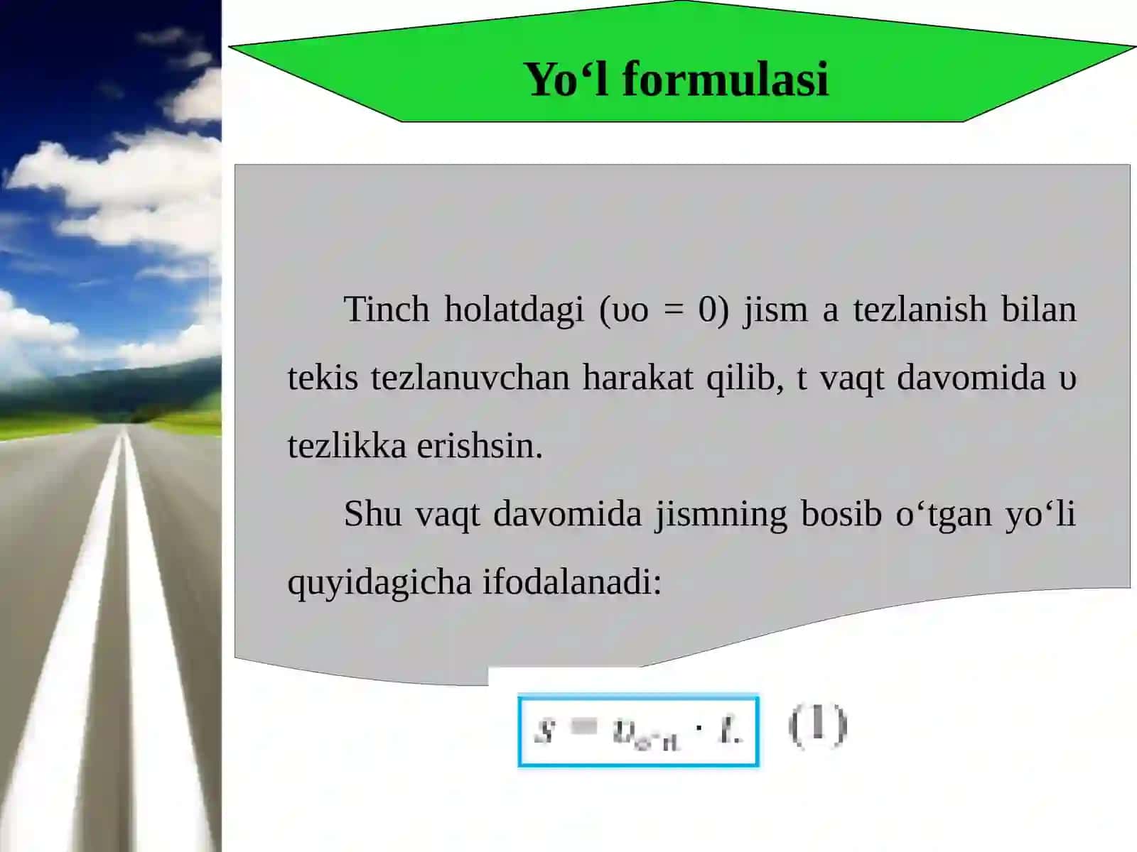 7-sinf Fizika fanidan Tekis o'zgaruvchan harakatda bosib o'tilgan yo'l dars taqdimoti 2
