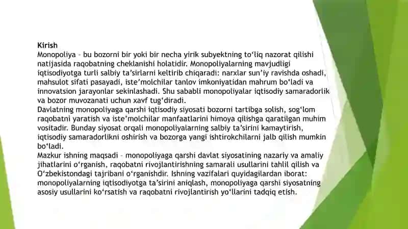 Davlatning monopoliyaga qarshi iqtisodiy siyosati va raqobatni rivojlantirish 2