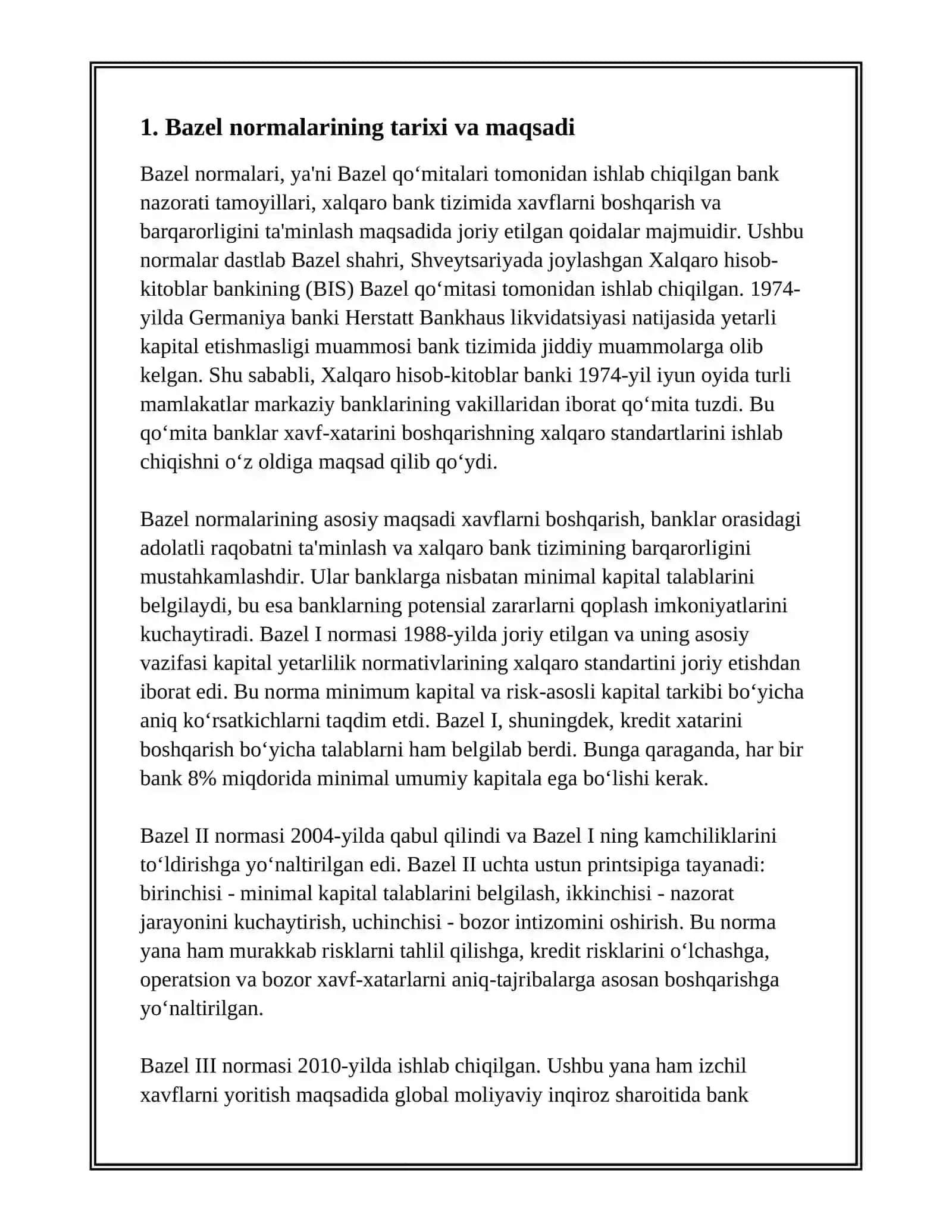 BANK TIZIMIDA XALQARO STANDARTLAR HAMDA BAZEL NORMALARI 2