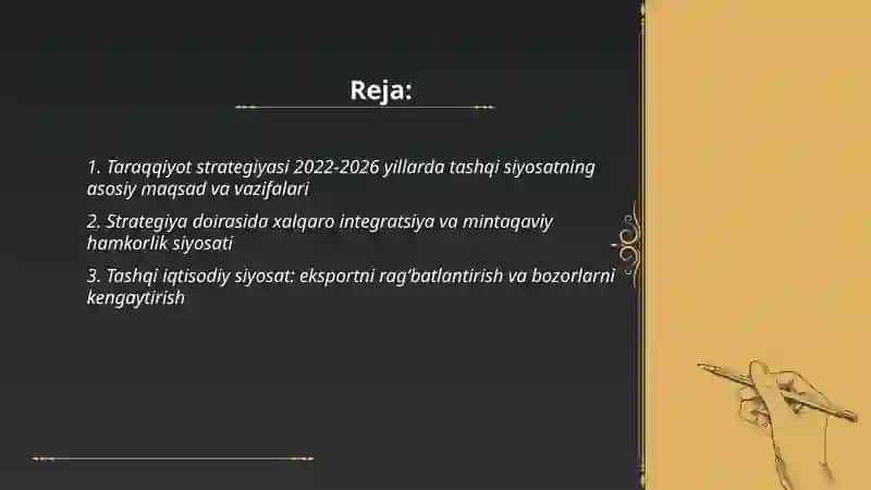 Taraqqiyot strategiyasi 2022-2026 yillarda tashqi siyosat masalasi 2