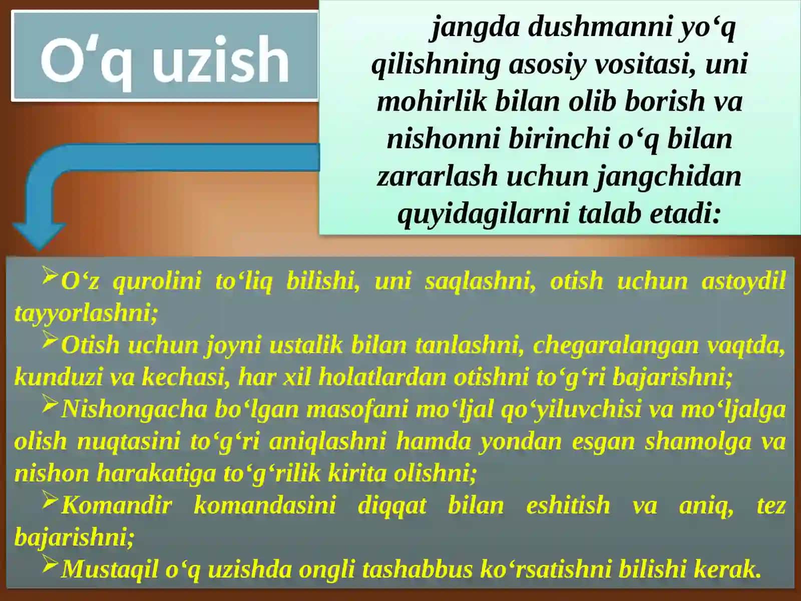 O‘q uzish — jangda dushmanni yo‘q qilishning asosiy vositasi.O‘t ochish turlari 2