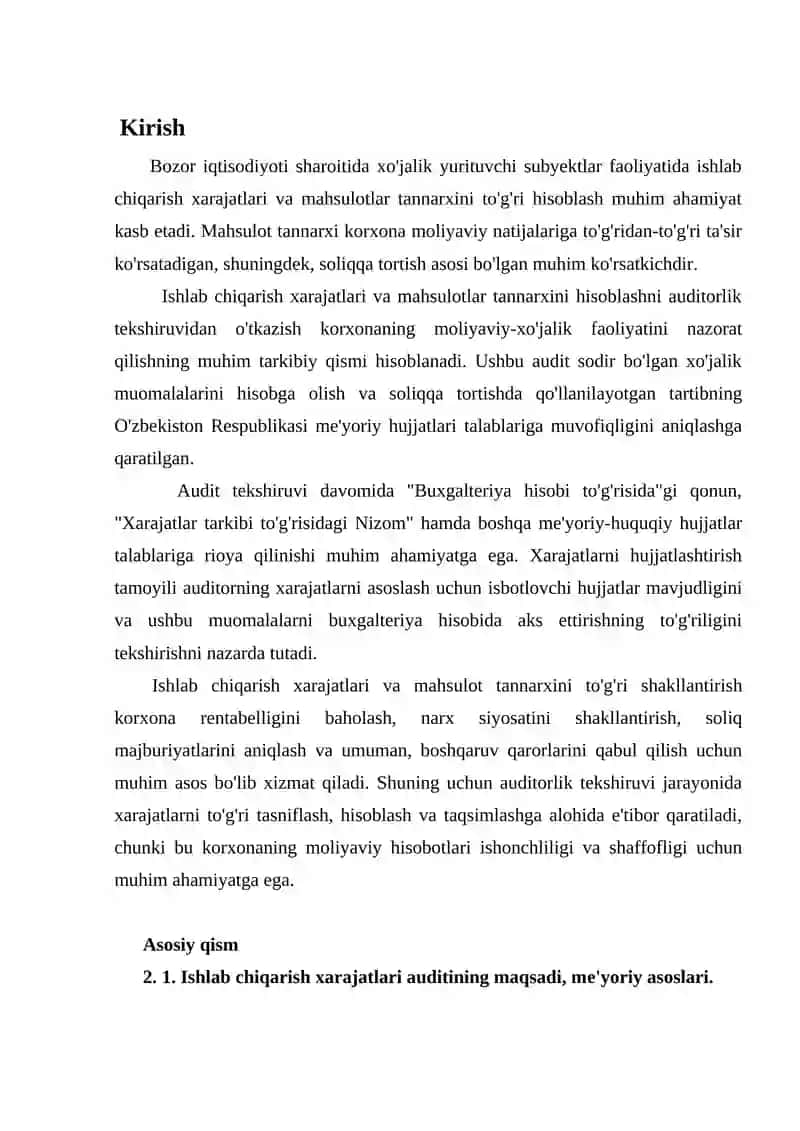 Korxonada ishlab chiqarish xarajatlari auditini o’tkazishni tartibi. 2