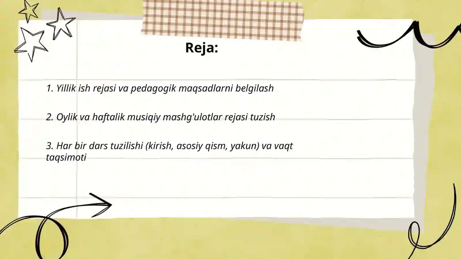 Maktabga tayyorlov yoshdagi bolalar uchun musiqa rahbarining asosiy ish rejasi 2