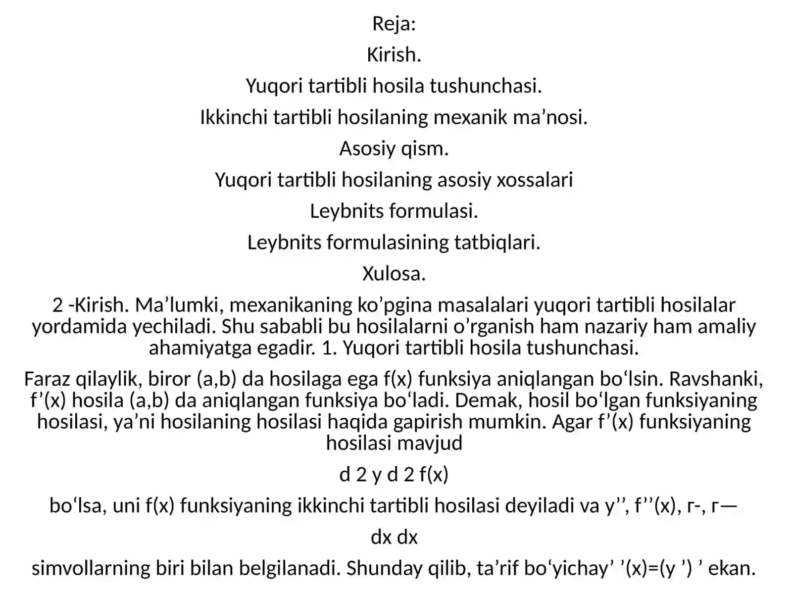 Yuqori Tartibli Hosila Tushunchasi 2