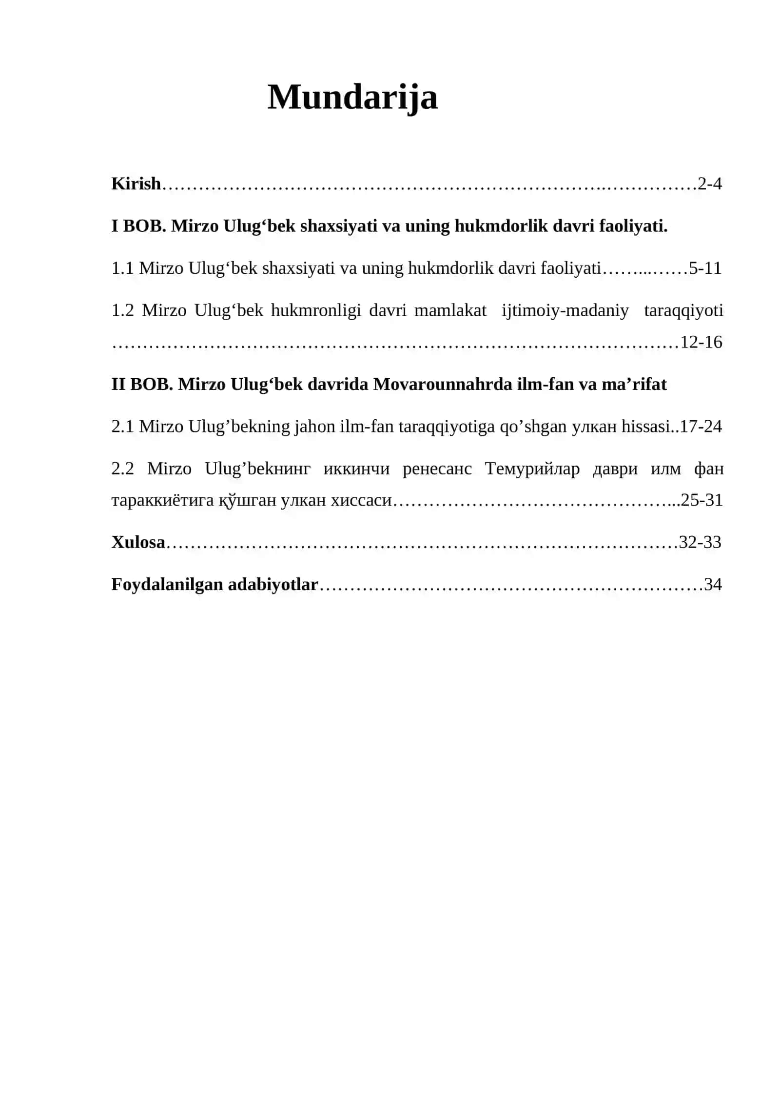 Mirzo Ulugʻbekning hayoti va faoliyati Kurs ishi 2