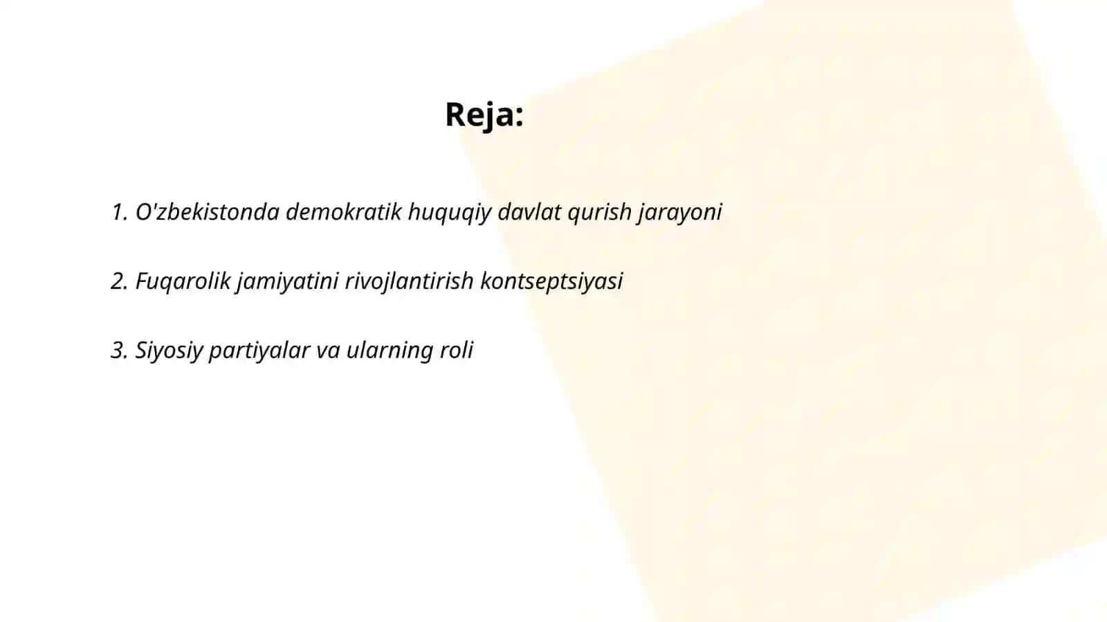 O‘zbekistonda demokratik fuqarolik jamiyati asoslarining shakillanishi amalga oshirilgan siyosiy islohotlar Muqaddam Niyozova 2