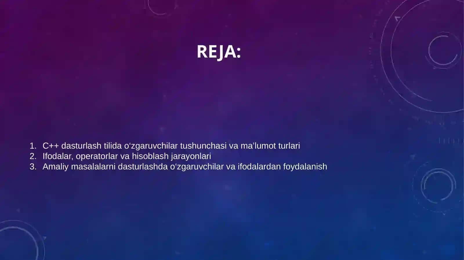 C++ dasturlash tilida o'zgaruvchilar va ifodalar yordamida 2