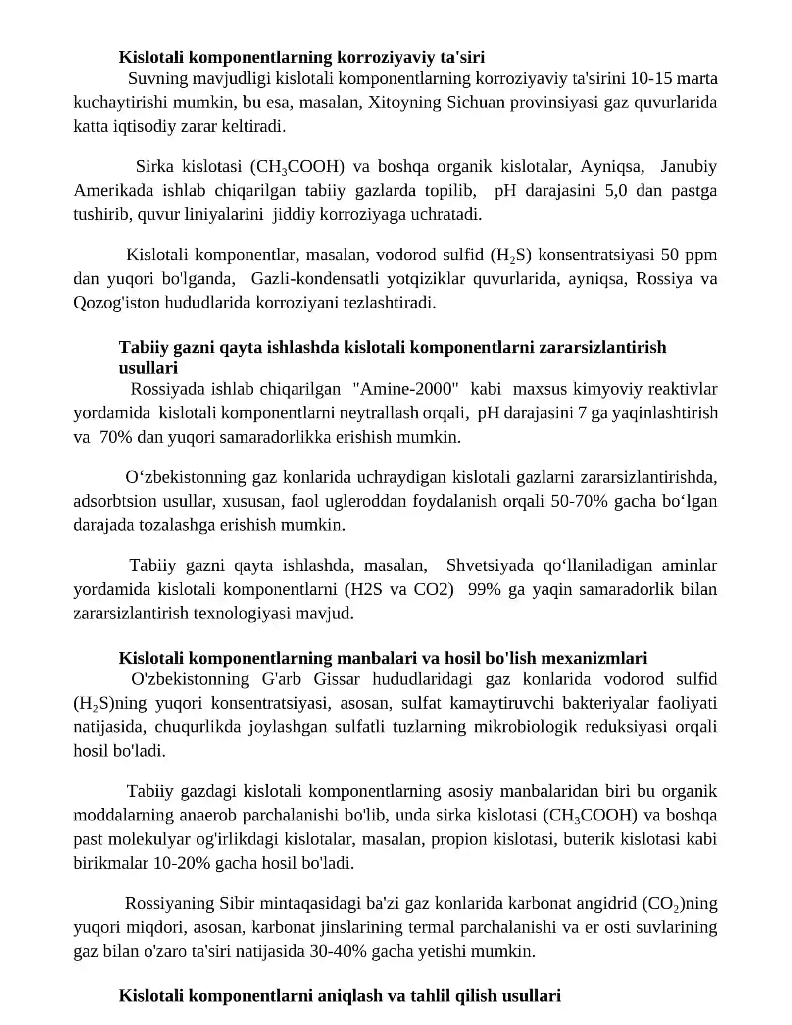 Табиий газ таркибидаги кислотали компонентлар ва ularning xossalari 2