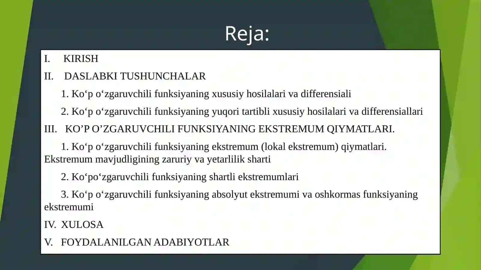 KO’P O’ZGARUVCHILI FUNKSIYANING HOSILASI VA DIFFERENSIALI HAMDA BA’ZI TADBIQLARI 2