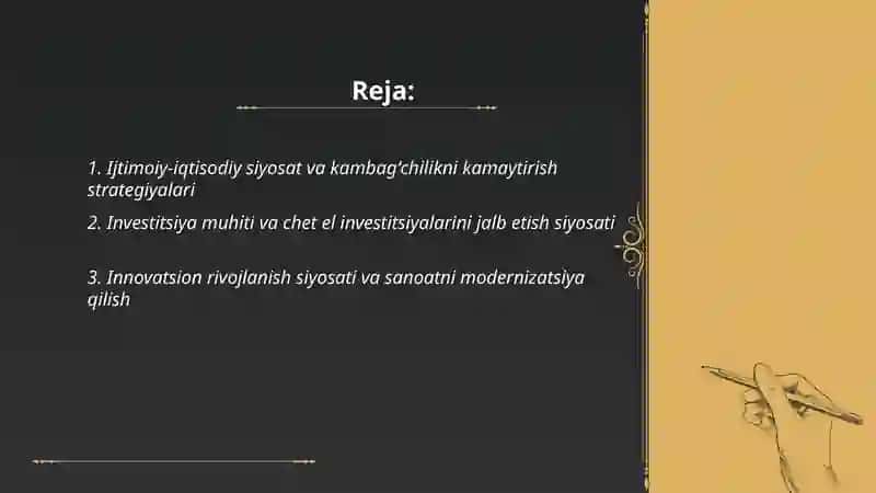O'zbekiston Respublikasining iqtisodiy siyosati tahlili(Ijtimoiy-iqtisodiy,investitsiya,innovatsiya,agrar,logistika,ta'lim,tibbiyot, sanoat xizmatlar sohasi bo'yicha) 2