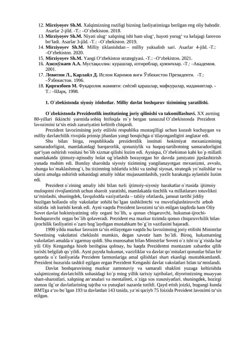 O`ZBEKISTONDA HUQUQIY SIYOSIY ISLOHOTLARNING AMALGA OSHIRILISHI, DEMOKRATIK JAMIYATNI SHAKLLANTIRISH YO`LIDAGI ISLOHOTLAR 2