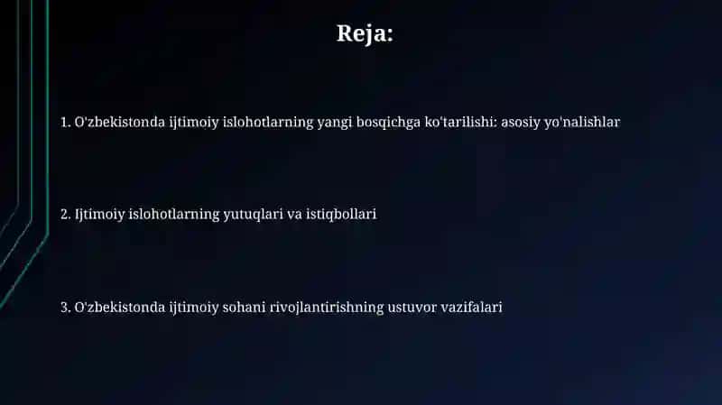 O'zbekistonda ijtimoiy islohotlarining yangi bosqichiga ko‘tarilishi 2